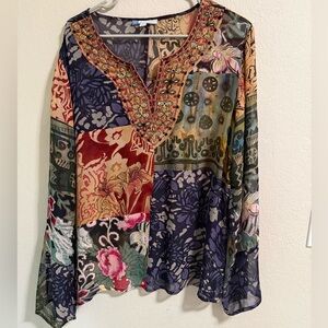 Half Moon Bay Patchwork Beaded V-Neck Blouse Long Sleeve Size L